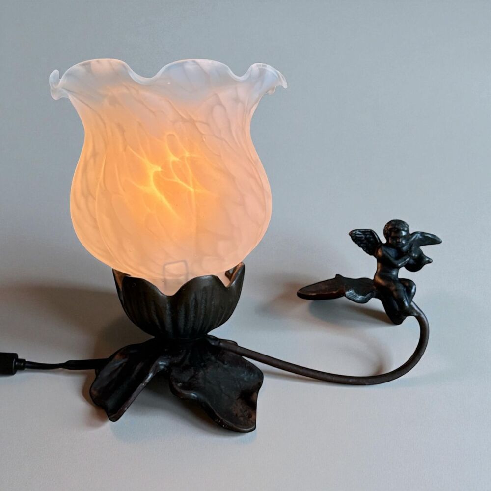 Tulip Glass Cherub Table Lamp Violin Angel Bronze Metal Base ~ 7.5" Tall